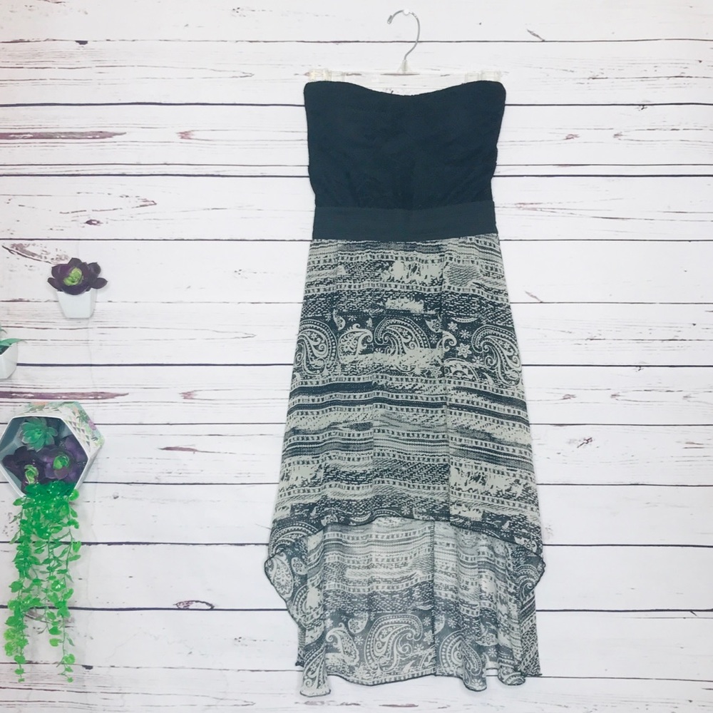 Black & White Aztec Tribal Pattern Strapless High Low Dress Size Medium